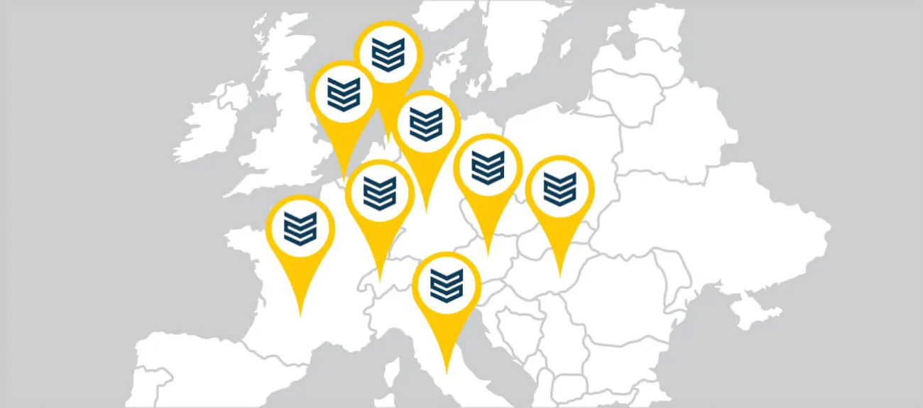 Európa-térkép a Capitalis Europe szállítási célpontjaival